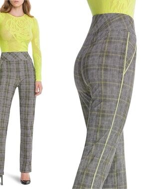Wolford Tartan Plaid Stretchy Pull Up High Waisted Pants Grey Neon Lime $370